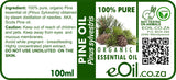 A 100ml label for eOil Organic Essential Oil of Pine (Pinus Sylvestris). The label features a green and white design with a photo of pine needles and pinecones, text detailing the 100% pure organic oil, a caution section, a 'Not Tested on Animals' bunny logo, a vegan leaf icon, and a QR code.