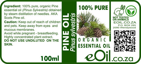 A 100ml label for eOil Organic Essential Oil of Pine (Pinus Sylvestris). The label features a green and white design with a photo of pine needles and pinecones, text detailing the 100% pure organic oil, a caution section, a 'Not Tested on Animals' bunny logo, a vegan leaf icon, and a QR code.