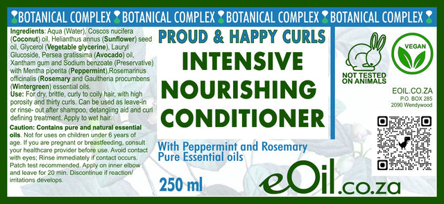 Label of 'Proud & Happy Curls Intensive Nourishing Conditioner' by eOil.co.