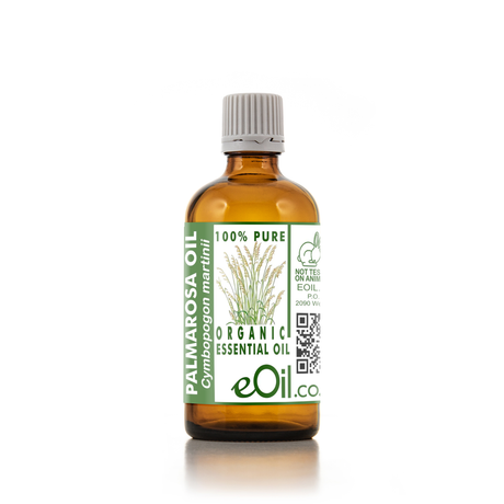 Bottle of Palmarosa essential oil with a green label on a white background 100 ml
