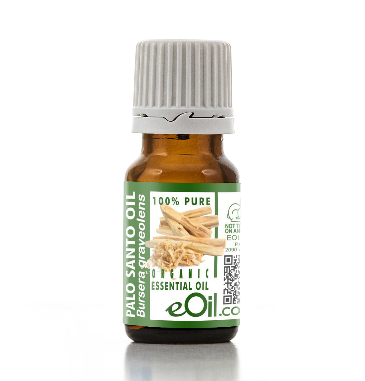 Bottle of Palo Santo oil with a green label on a white background