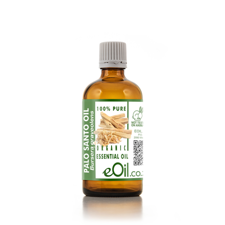 A 100ml amber glass bottle of Palo Santo Oil with a white ribbed cap and a green and white label featuring the brand 'eOil'.