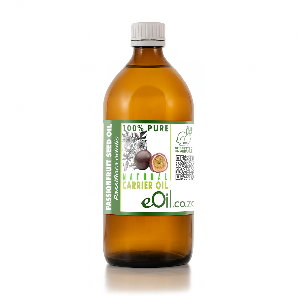 Bottle of eOil passionfruit seed oil on a white background 500 ml