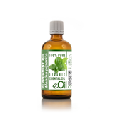 Bottle of peppermint essential oil with a green label on a white background
