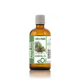 A bottle of eOil.co organic pine essential oil in an amber glass bottle with a white ribbed cap and a green and white label, set against a plain white background.