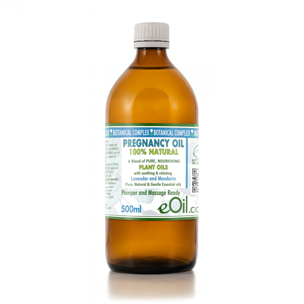 A 500ml amber glass bottle of eOil.com Pregnancy Oil with a white ribbed cap and a white, green, and blue label, set against a plain white background.