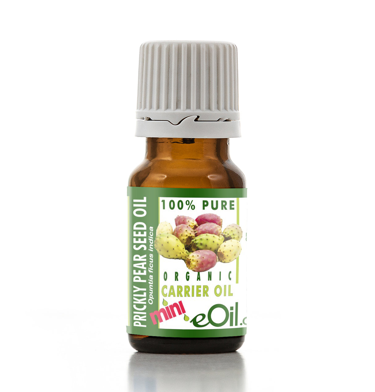Bottle of Prickly Pear Seed Oil with a green label on a white background