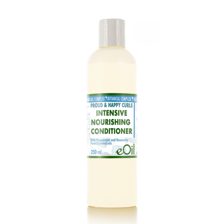 A 250 ml bottle of eOil Intensive Nourishing Conditioner for curly hair, featuring a cream-colored bottle and a white cap with a green and white label.