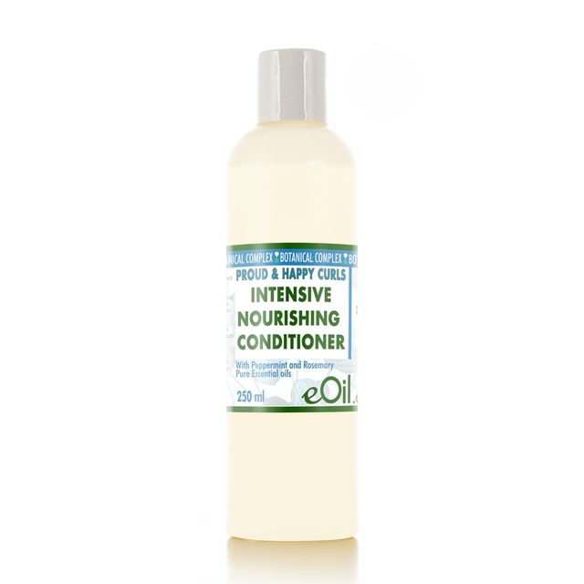 A 250 ml bottle of eOil Intensive Nourishing Conditioner for curly hair, featuring a cream-colored bottle and a white cap with a green and white label.