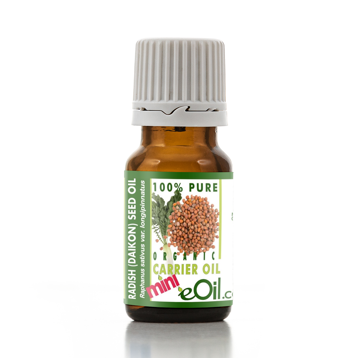 A small amber glass bottle of eOil brand Radish (Daikon) Seed Oil carrier oil with a white ribbed cap and a green and white label featuring a radish illustration.