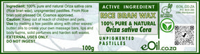 A green and white product information card for Oil of.za 100g of Rice Bran Wax pastilles.