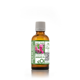 Bottle of eOil rose de mai absolute oil on a white background