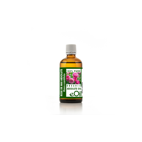 Bottle of eOil rose absolute oil on a white background