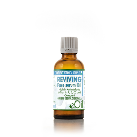 Bottle of eOil reviving face serum oil on a white background 50 ml