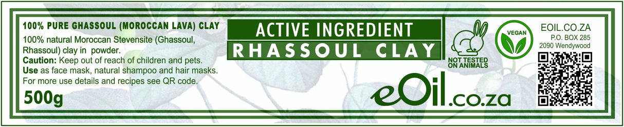 Label of Rhassoul clay product with branding and product details.