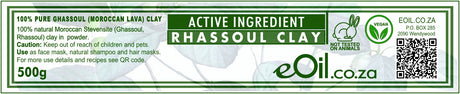 Label of Rhassoul clay product with branding and product details.
