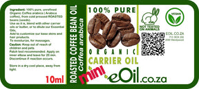 Label of Roasted Coffee Bean Oil with coffee beans and branding details.