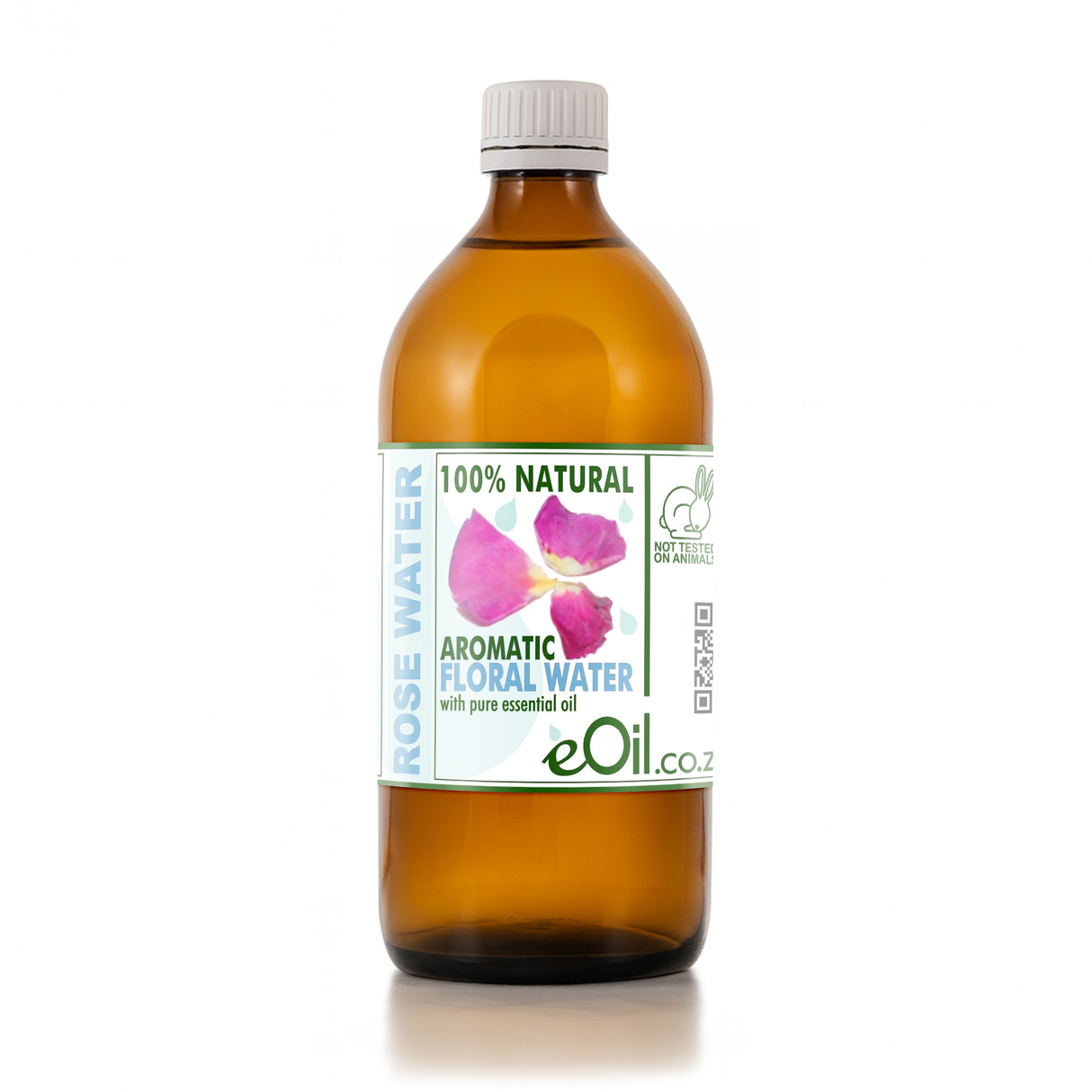 Bottle of eOil rose water on a white background