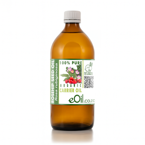 Bottle of eOil rosehip seed oil with a label on a white background 500 ml 