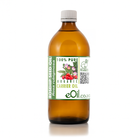 Bottle of eOil rosehip seed oil with a label on a white background 500 ml 