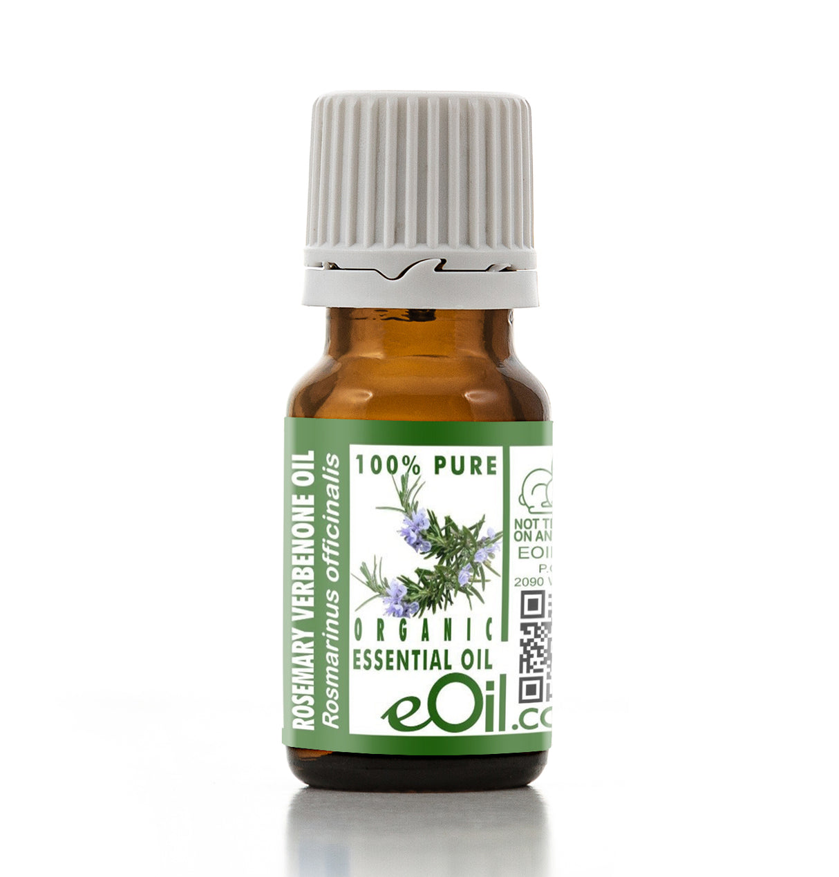 Bottle of eOil Rosemary Verbena essential oil on a white background