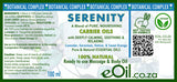 Serenity carrier oils and essential oils packaging with branding and product details.