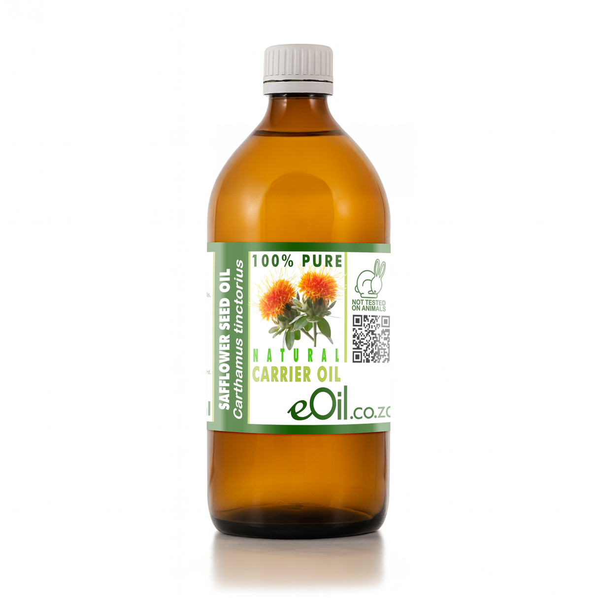 Bottle of safflower seed oil with a green label on a white background