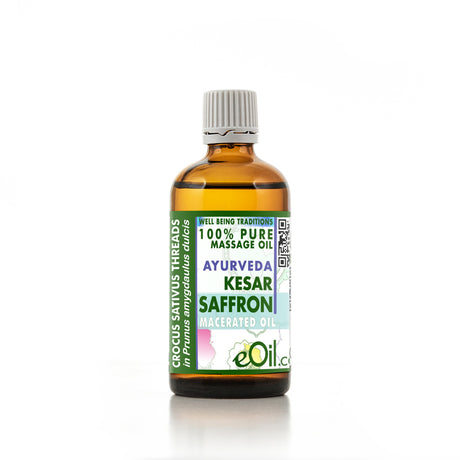 A bottle of Saffron Kesar Macerated Carrier Oil with a label that includes product information and branding.