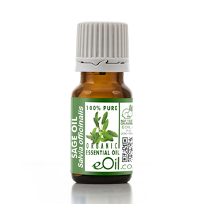A bottle of eOil Organic Essential Oil in Sage Oil (Salvia officinalis) with a green and white label and a ribbed white cap, set against a plain white background.
