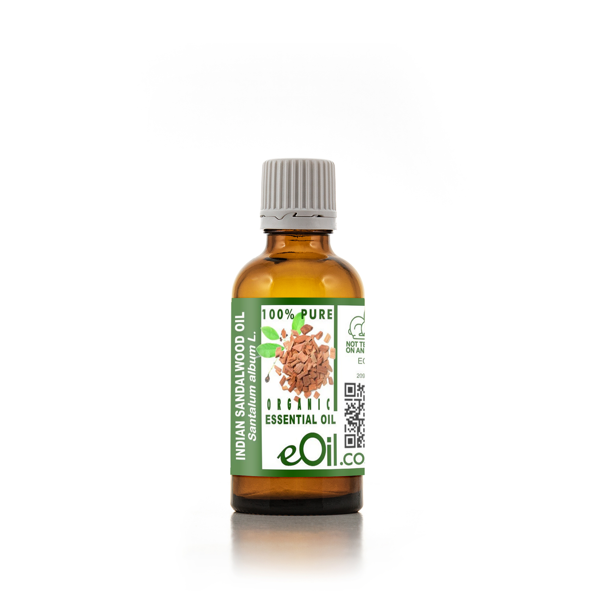 Bottle of Indian Sandalwood Essential Oil with a green label on a white background