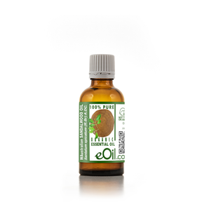 Bottle of eOil Australian Sandalwood essential oil on a white background