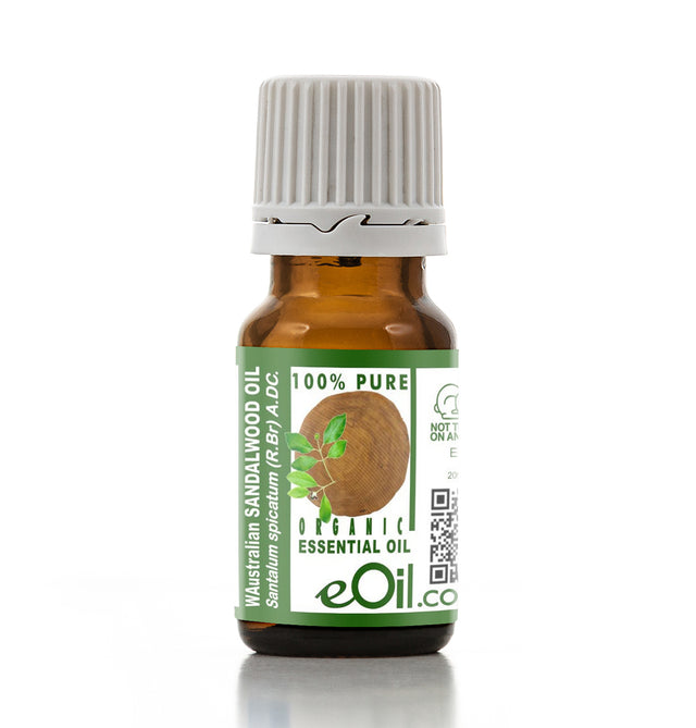 Bottle of eOil Australian Sandalwood Oil on a white background