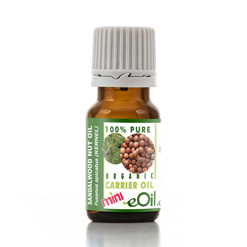 A small amber glass bottle of Sandalwood Nut Oil Carrier Oil with a white ribbed cap and a green and white label, shown on a white background with a soft reflection.
