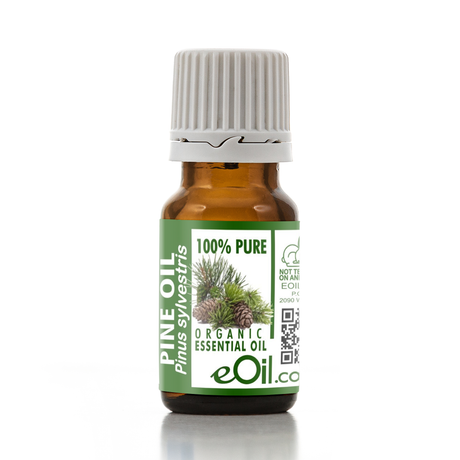 Bottle of pine essential oil with a green label on a white background