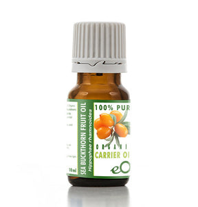 Bottle of sea buckthorn fruit oil with a green label on a white background