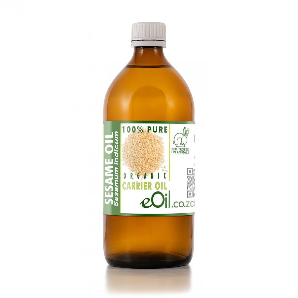 Brown bottle of sesame oil with a green label on a white background