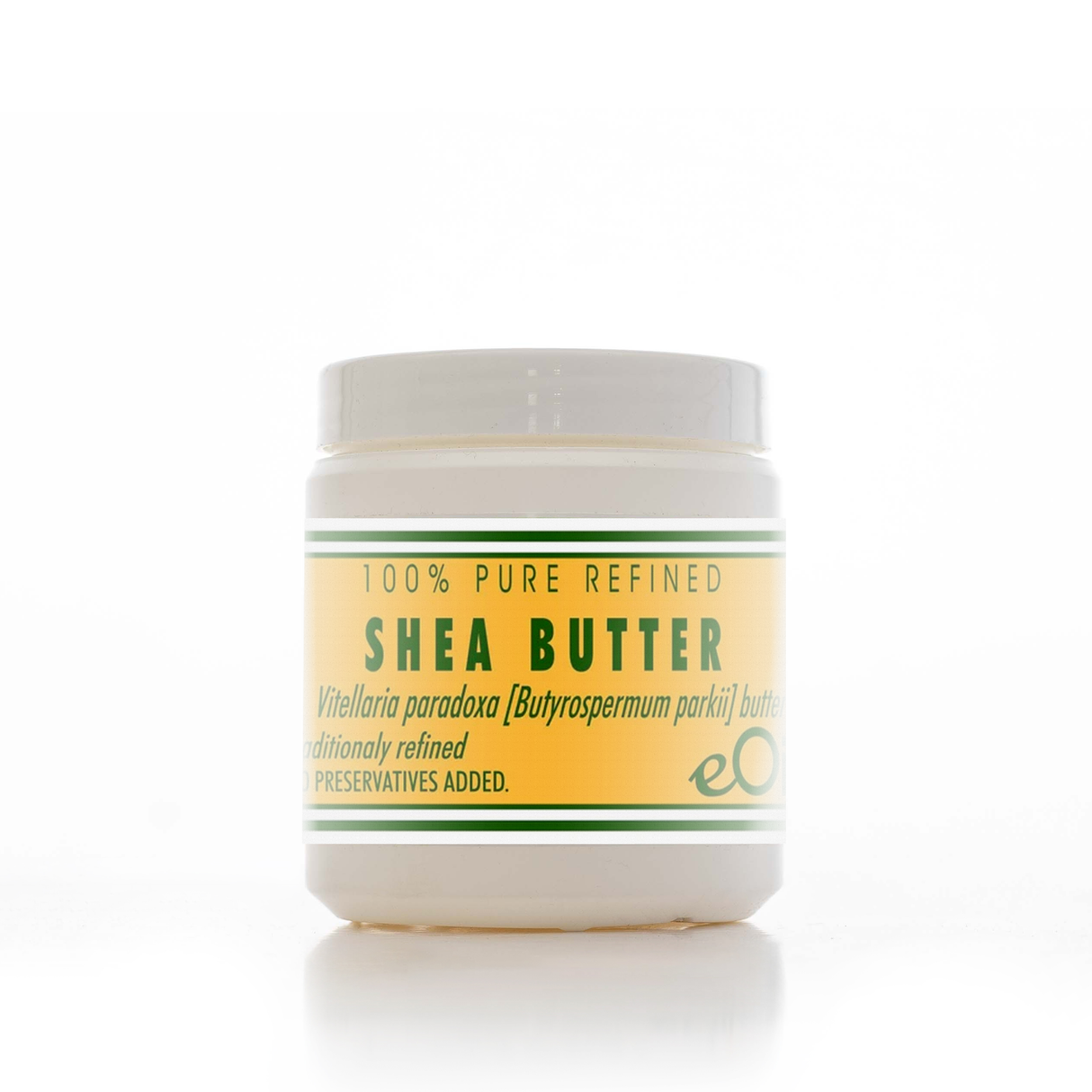 Jar of shea butter with a white lid on a white background