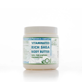 Jar of eOil Vitaminated Rich Shea Body Butter on a white background 500 ml jar