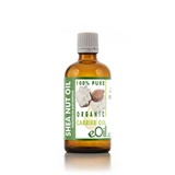 Bottle of eOil shea nut oil on a white background