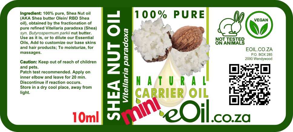 Shea nut oil label with product details and branding