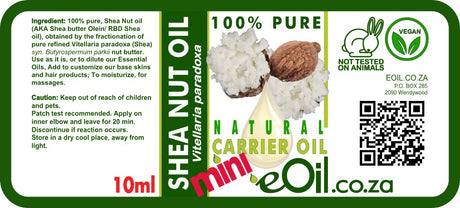 Shea nut oil label with product details and branding