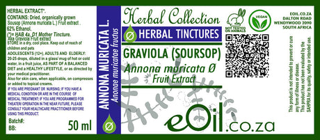 Label eoil.co.za Soursop - Graviola herbal extract, 50 ml, from the Herbal Collection.