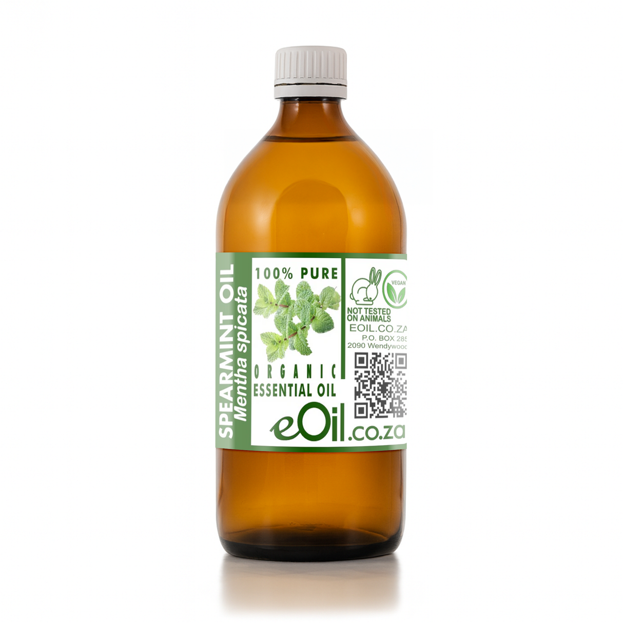 Bottle of spearmint essential oil with a label on a white background 500 ml
