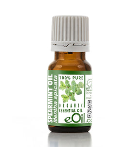 Bottle of eOil spearmint essential oil on a white background
