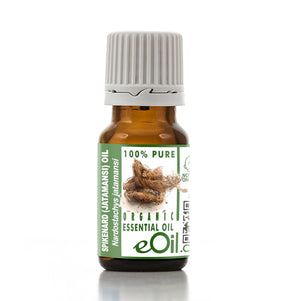 Bottle of eOil organic essential oil with a green label on a white background