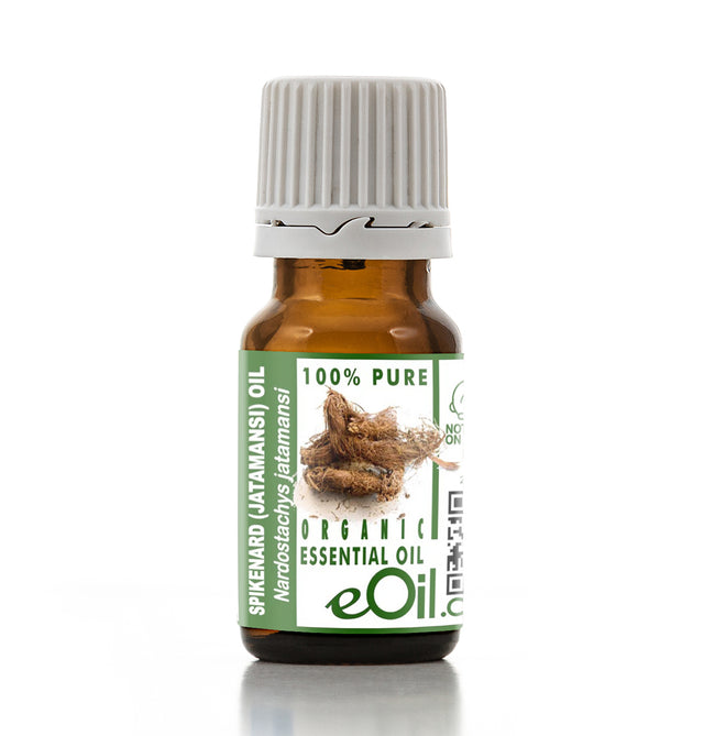 Bottle of eOil organic essential oil with a green label on a white background