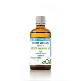 Bottle of eOil sports massage blend on a white background