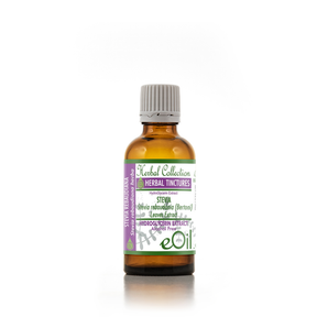A small amber glass bottle with a gray ribbed cap and a white-and-purple label reading 'eOil Herbal Collection Herbal Tinctures Stevia', centered on a white background with a faint reflection below.