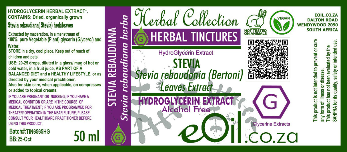 Label of 50 ml glycerine stevia leaves eoil.co.za