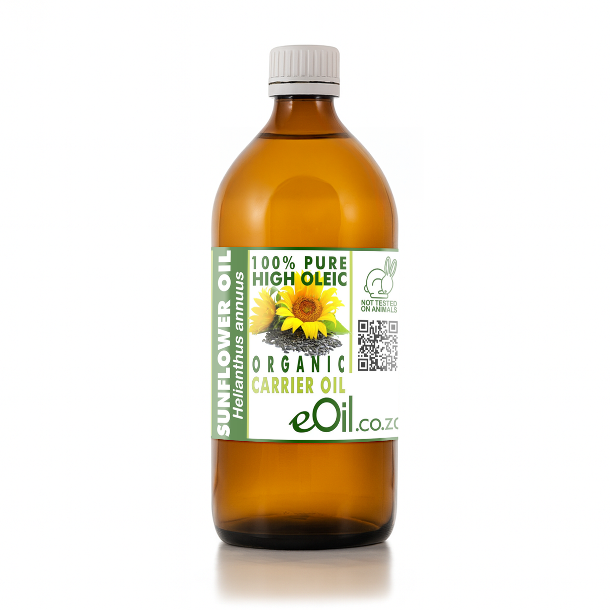 Bottle of sunflower oil with a label on a white background